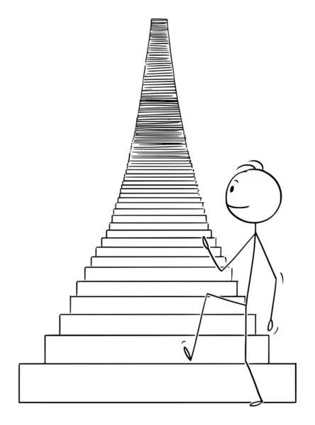 Ilustración Vectorial de Dibujos Animados del Hombre o Empresario Subiendo las Escaleras al Cielo o al Éxito — Vector de stock