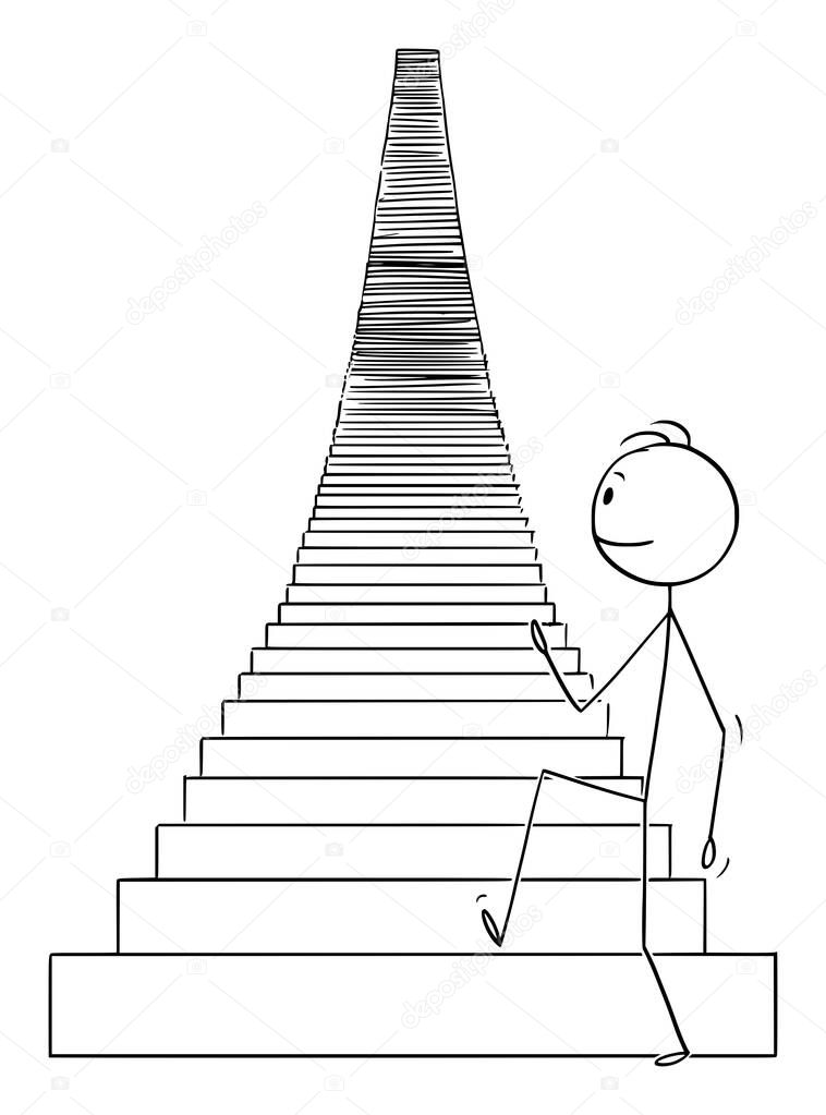 Vector Cartoon Illustration of Man or Businessman Walking Up the Stairs to Heaven or Success