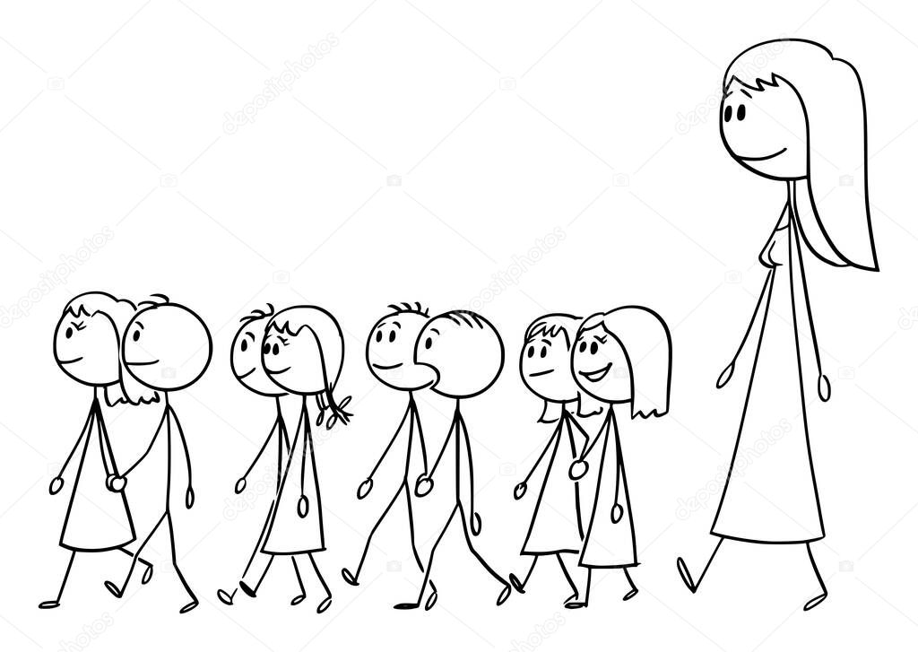 Vector Cartoon Illustration of Kindergarten Teacher on the Walk with Small Children