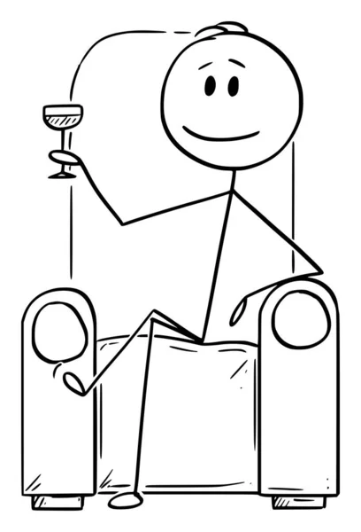 Illustration vectorielle de dessin animé d'un homme ou d'un homme d'affaires ou d'un gentilhomme prospère assis dans un fauteuil ou une chaise avec verre à boire — Image vectorielle
