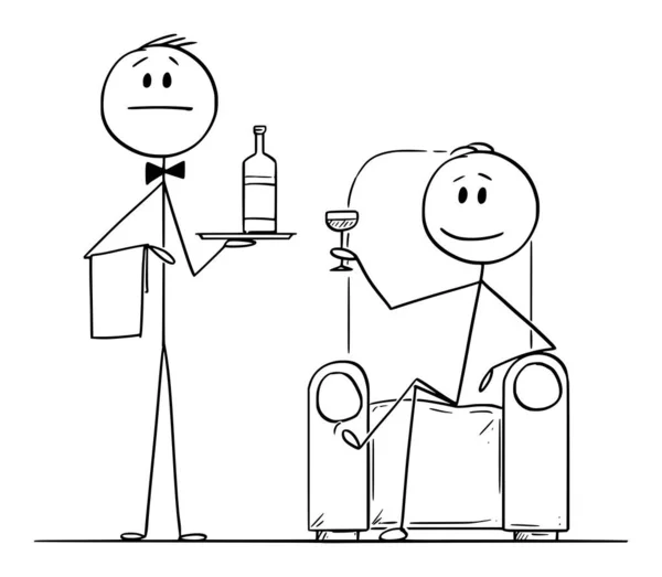 Векторная карикатура на богатого человека, сидящего в кресле со стеклом в руке, и его слугу или слугу, стоящего рядом с бутылкой — стоковый вектор