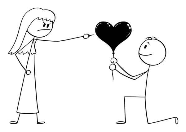 Vector Cartoon Illustration of Man in Love Giving Ballon in Heart Shape to Angry Woman. She is Rejecting and Using Pin to Burst it — Stock Vector