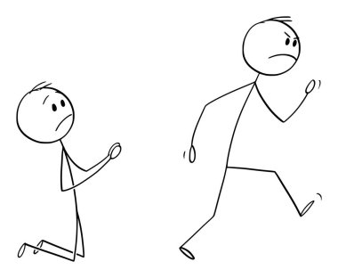 Vector Cartoon Illustration of Angry Customer or Worker Walking Away and Kneeling Man Begging Him to Dont Leave vector Vector Cartoon Illustration of Angry Customer or Worker Walking Away and Kneeling Man Begging Him to Dont Leave vector