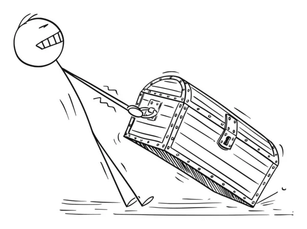 Vektor-Cartoon-Illustration eines Mannes oder Geschäftsmannes, der eine große und schwere Schatzkiste zieht — Stockvektor