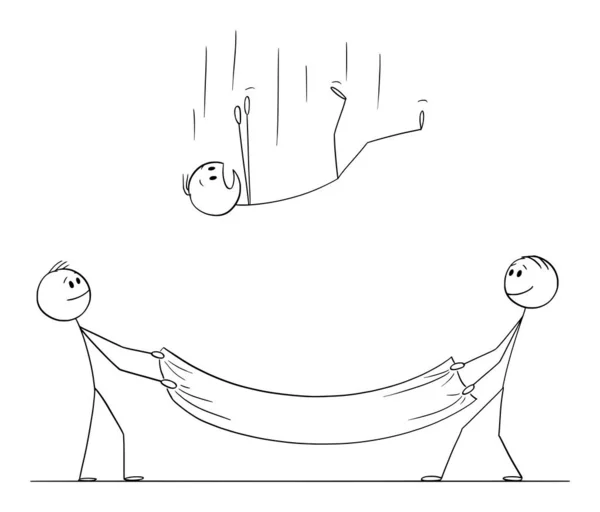 Vektorové kreslené ilustrace padajícího muže nebo podnikatele a dvou mužů držících záchrannou síť, aby ho zachránili. Pojištění nebo koncepce zabezpečení. — Stockový vektor