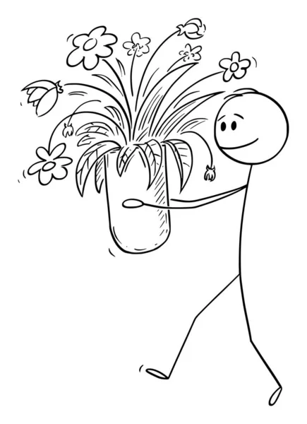 Vector cartoon illustratie van de mens dragen of vasthouden vaas van bloemen — Stockvector