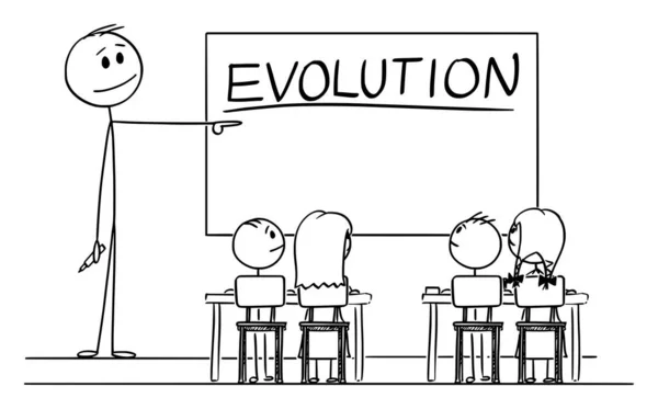 Vektor-Cartoon-Illustration des Lehrers im Klassenzimmer mit Marker in der Hand, der auf das Wort Evolution auf dem Whiteboard zeigt — Stockvektor