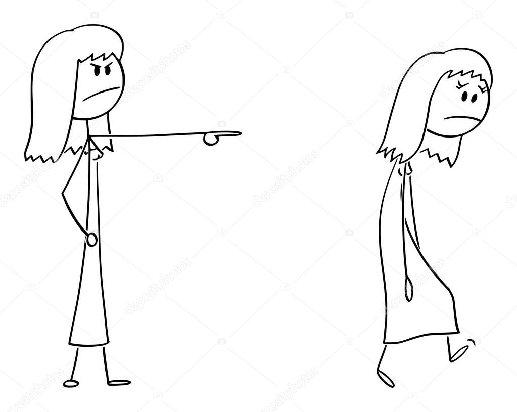 Vector Cartoon Illustration of Angry Woman or Female Boss Expelling Another Woman, Forcing Her to Leave