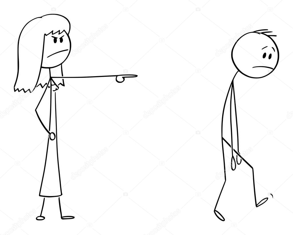 Vector Cartoon Illustration of Angry Woman or Female Boss Expelling Man, Forcing Him to Leave