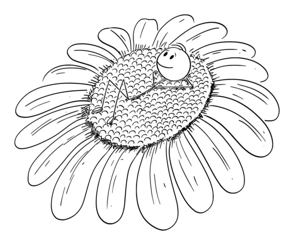 Ilustración de dibujos animados vectoriales del hombre, soñador de día o jardinero disfrutando acostado en girasol grande o flor de margarita — Vector de stock