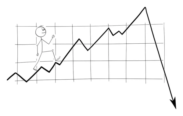 Illustrazione del fumetto vettoriale dell'uomo, dell'investitore o dell'uomo d'affari che cammina felicemente sul grafico finanziario crescente o crescente, ignorando la crisi o la recessione in arrivo — Vettoriale Stock