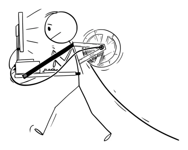 Vector Cartoon Illustration of Man atau Businessman Walking Carrying Desktop Computer Attached to Him as Mobile Office, Pulling Electric Cable Behind - Stok Vektor