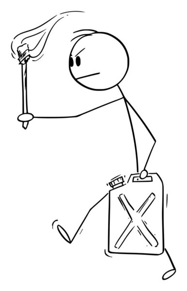 Vector Cartoon Illustration of Angry Man or Businessman Carrying Jerry Can or Jerrican With Petrol or Gas and Flaming Torch