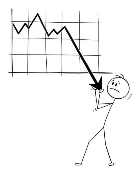 Illustrazione dei cartoni animati vettoriali dell'uomo, dell'uomo d'affari o dell'investitore che cercano di contenere la caduta del grafico finanziario o economico, della crisi o del concetto di recessione . — Vettoriale Stock