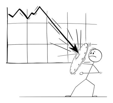 Düşen Finansal ya da Ekonomik Grafik, Kriz ya da Kriz Konseptine Karşı Kalkan Kullanan İnsan, İşadamı ya da Yatırımcının Vektör Çizimi.