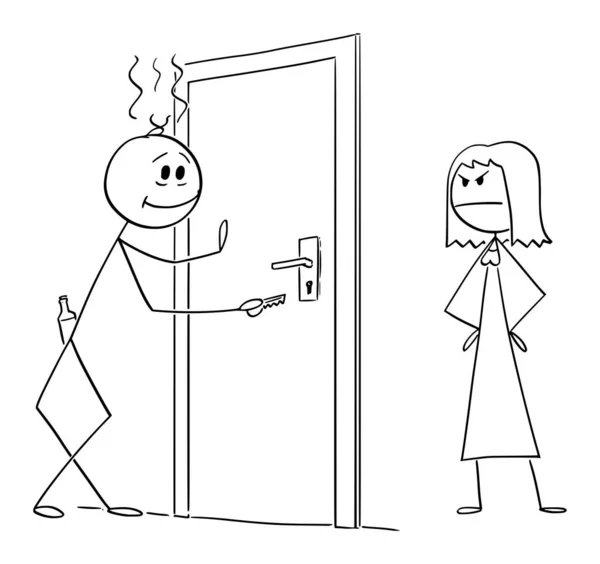 Vector Cartoon Illustration of Drunk Man Returning Home. La esposa enojada lo está esperando. Concepto de alcoholismo . — Archivo Imágenes Vectoriales