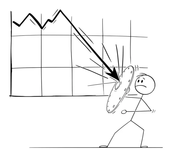 Vector Cartoon Illustration of Man, Businessman or Investor Menggunakan Shield to Resist the Falling Financial or Economic Graph, Crisis or Recession Concept. - Stok Vektor