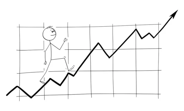 Illustrazione del fumetto vettoriale dell'uomo, dell'investitore o dell'uomo d'affari che cammina felicemente sul grafico finanziario crescente o crescente — Vettoriale Stock