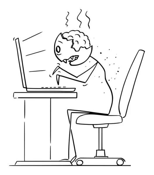 Vector Cartoon Illustration of Undead Zombie Businessman Working or Typing on Computer in Office. Langweilige Arbeit tötet Kreativität. — Stockvektor