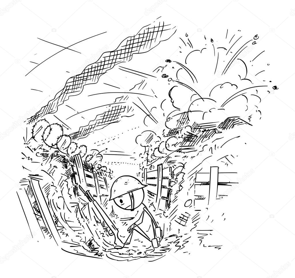 Vector Cartoon Illustration of Tired or Depressed Soldier Sitting in Trench While battle or War is Raging Around