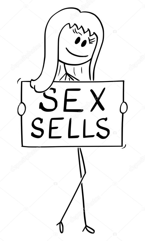 Vector Cartoon Illustration of Beautiful Sexy Woman in Seductive Pose Holding Sex Sells Sign