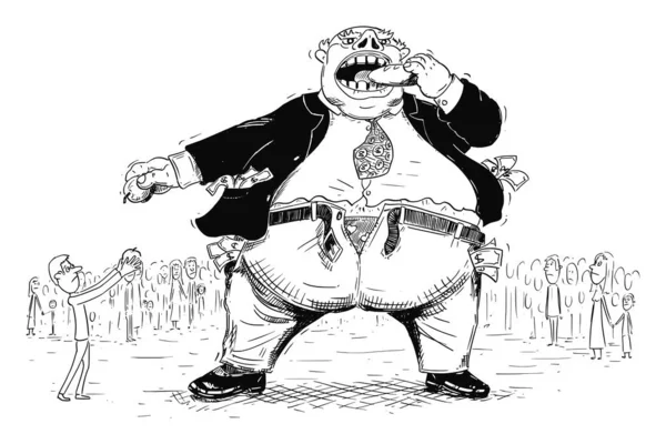 Vector Cartoon Illustratie van Fat Rich Man, Zakenman of Kapitalist Eten van het voedsel van kleine arme mensen rond. — Stockvector