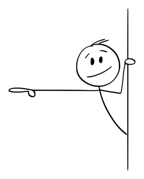 Vektorová kreslená ilustrace člověka nebo podnikatele, jak vykukuje zpoza zdi a ukazuje nebo ukazuje prst na něco — Stockový vektor