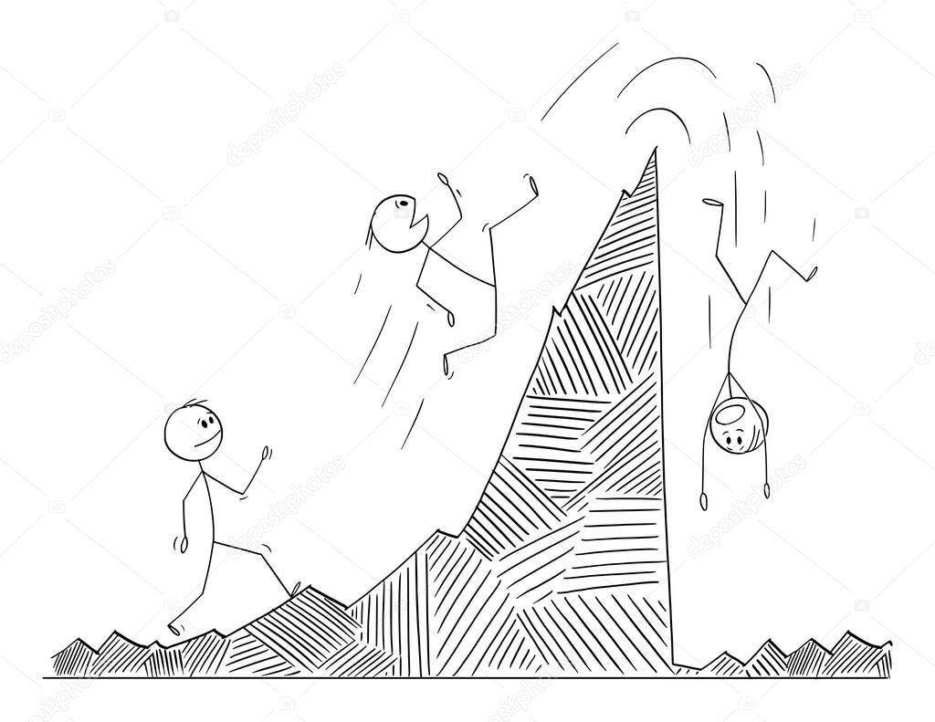 Vector Cartoon Illustration of Man or Businessman or Stock Investor Walking and Falling on Financial Graph. Market Cycle Concept.