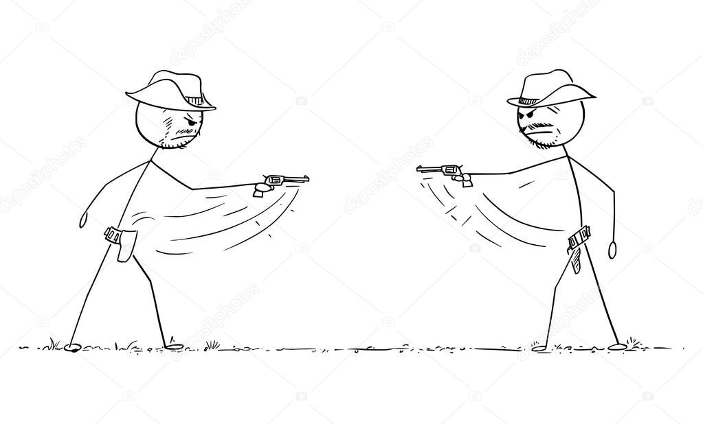 Vector Cartoon Illustration of Two Cowboys Dueling With Revolvers on Wild West. Gunfight or Business Competition Concept.