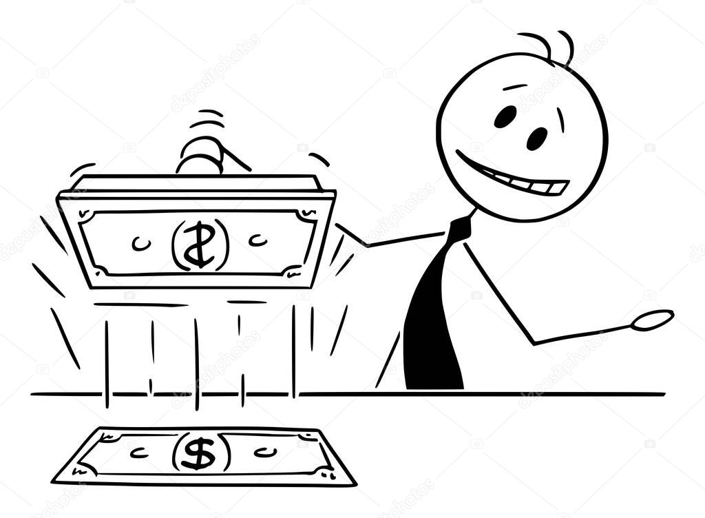Vector Cartoon Illustration of Banker or Politician Printing Money, Concept of Quantitative Easing or Monetary Politics.