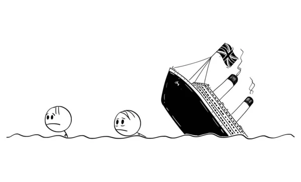 Vektor-Cartoon-Illustration von zwei Männern oder Überlebenden, die in Wasser oder Meer oder Ozean aus dem Wrack eines britischen oder britischen Wirtschaftsschiffs oder Schiffswracks schwimmen. — Stockvektor