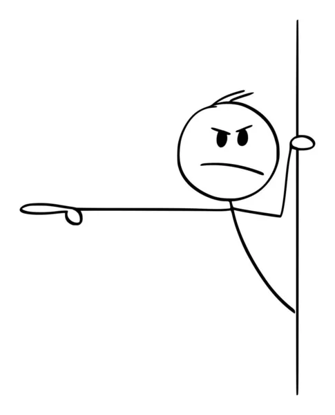Illustrazione del fumetto del vettore dell'uomo maleducato arrabbiato o dell'uomo d'affari che fa capolino fuori da dietro la parete e che mostra o indica il dito a qualcosa — Vettoriale Stock