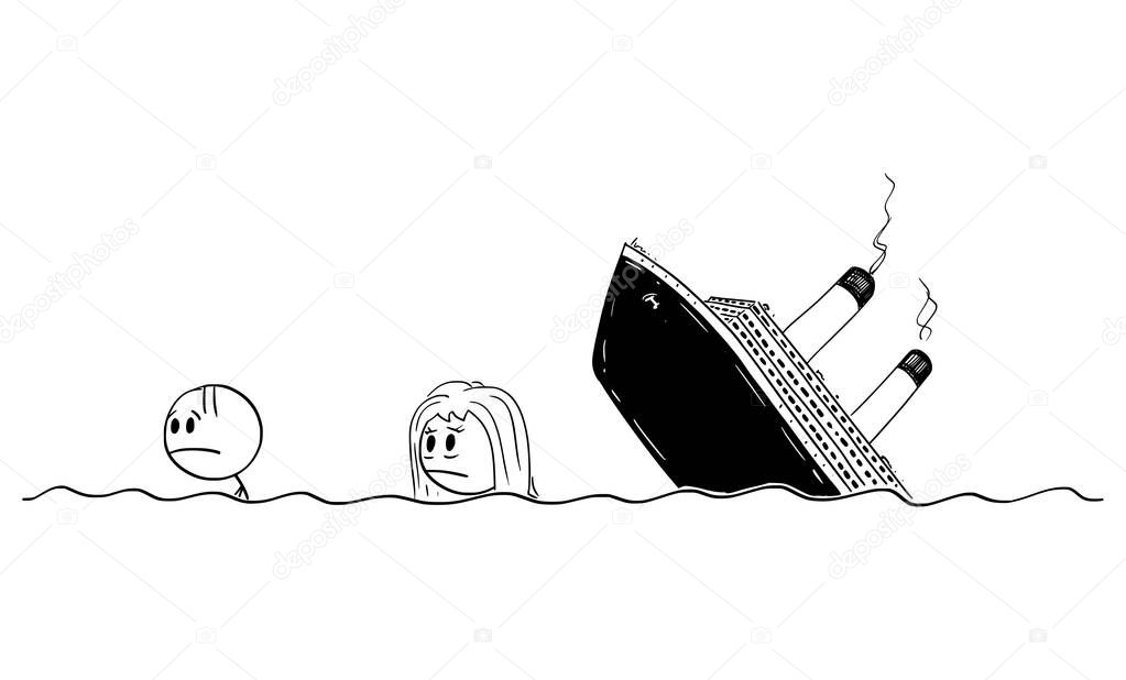 Vector Cartoon Illustration of Man and Wman or Survivors Swimming in Water or Sea or Ocean From Wrecked Ship or Shipwreck.