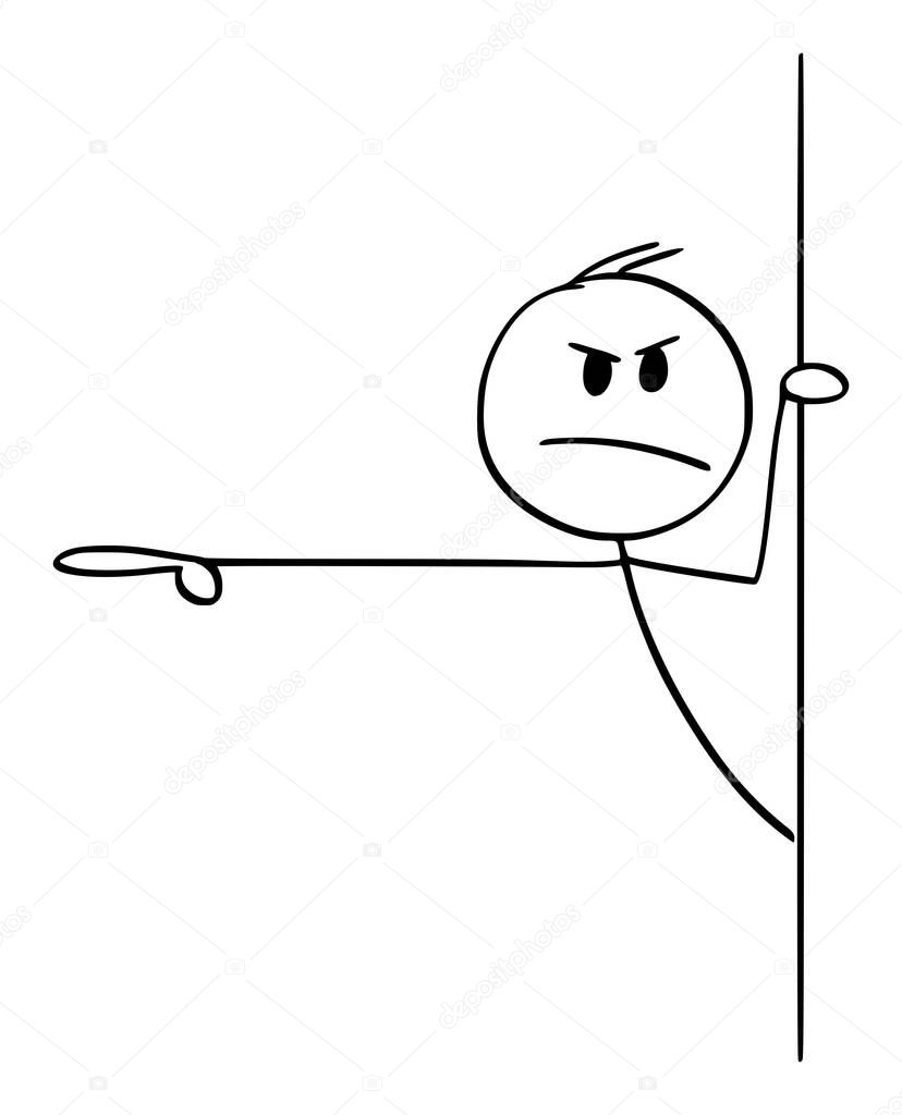 Vector Cartoon Illustration of Angry Rude Man or Businessman Peeping Out From Behind Wall and Showing or Pointing Finger at Something