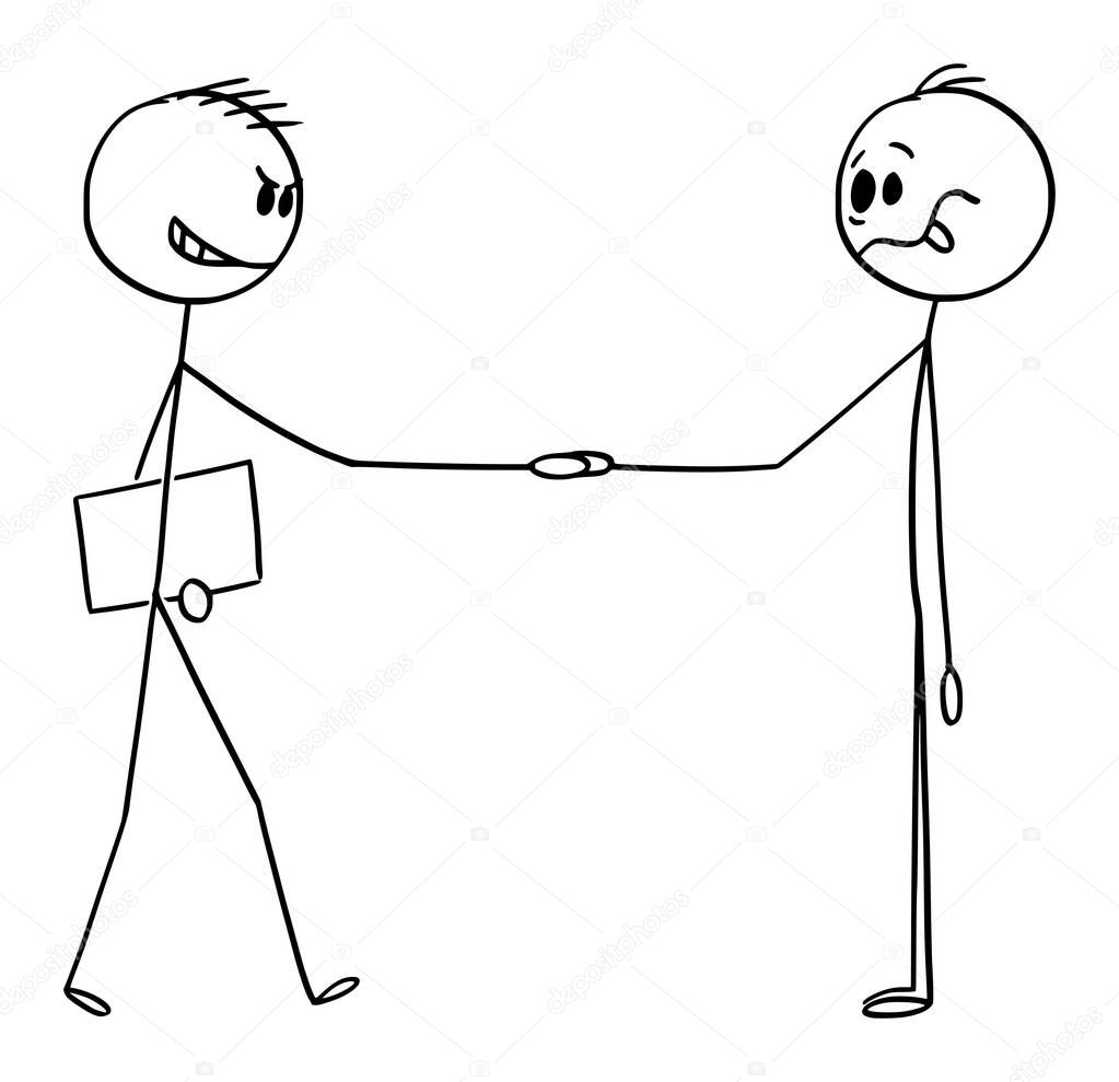 Vector Cartoon Illustration of Treacherous Businessman, Salesman, Manager or Recruiter Shaking Hands With Naive or Stupid Man