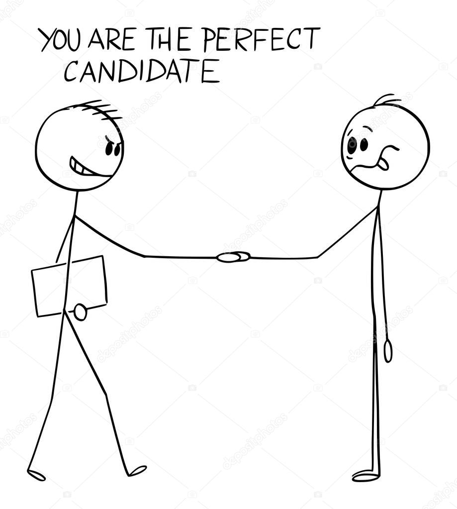 Vector Cartoon Illustration of Treacherous Businessman, Manager or Recruiter Shaking Hands With Naive or Stupid Perfect Work Candidate