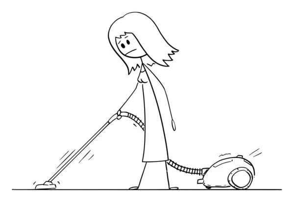 妇女用吸尘器或吸尘器清洁或吸尘地板或地毯的病媒漫画说明 — 图库矢量图片