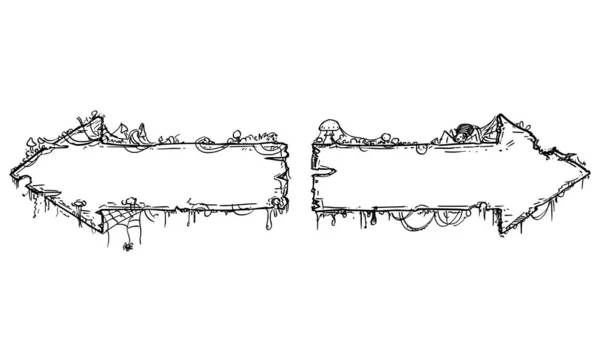キノコと苔に覆われたベクトルハンドドロー左と右の古いファンタジーやおとぎ話の木製の矢印は、クモの巣やクモの巣によって覆われて — ストックベクタ