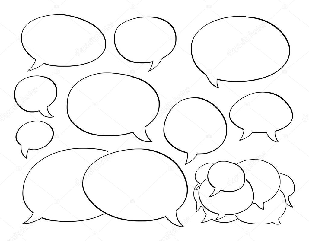 Vector Hand Drawn Set of Empty Comic Speech, Text or Dialogue Balloons or Bubbles. Communication concept.