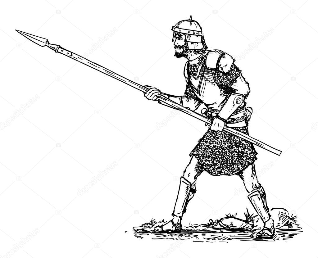Vector Hand Drawn of Fantasy or Ancient Warrior in Armor and Helmet and With Spear Walking Ready to Attack