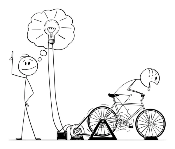 Illustration vectorielle de dessin animé d'un homme ou d'un homme d'affaires prenant une idée de crédit ou une innovation animée par un autre employé sur un générateur d'énergie électrique à bicyclette. — Image vectorielle