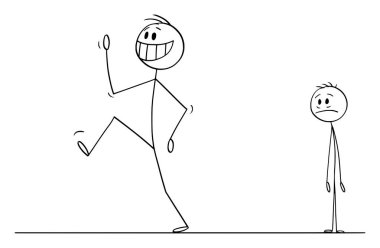 Mutlu Gülümseyen Adam, Müşteri ya da Çalışanı Üzgün Adam ya da İş Adamını Arkaplanda Bırakan Vektör Çizgi Filmi