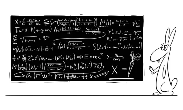 Vektor-Cartoon-Illustration von Kaninchen, Hasen oder Kaninchen beim Lösen komplexer mathematischer Gleichungen auf schwarzem Brett mit Karotte als Ergebnis. Wissenschafts- und Bildungskonzept. — Stockvektor