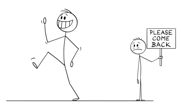 Vector Cartoon Illustration von glücklich lächelndem Mann, Kunde oder Mitarbeiter verlässt traurigen Mann oder Geschäftsmann mit Bitte kommen Sie zurück — Stockvektor