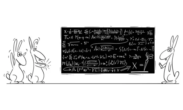 Vektor-Cartoon-Illustration von Kaninchen, Hasen oder Kaninchen beim Lösen komplexer mathematischer Gleichungen auf schwarzem Brett mit Karotte als Ergebnis. Wissenschafts- und Bildungskonzept. — Stockvektor