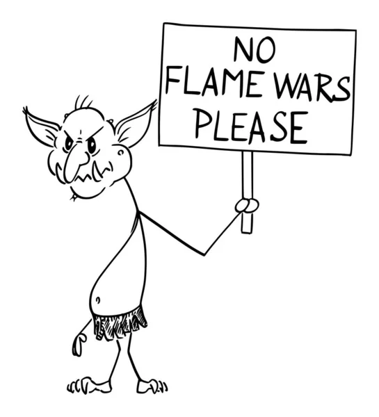 Wektor Cartoon Illustration of Internet Troll, Online Virtual Hater Holding No Flame Wars Proszę się zalogować — Wektor stockowy