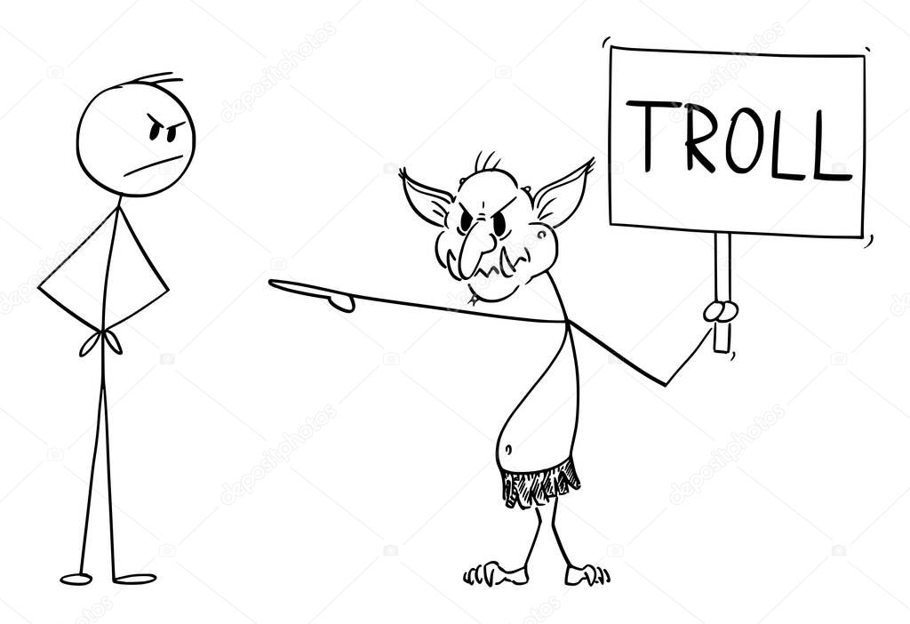 Vector Cartoon Illustration of Internet Troll, Virtual Hater Assaulting Another User in Flame War