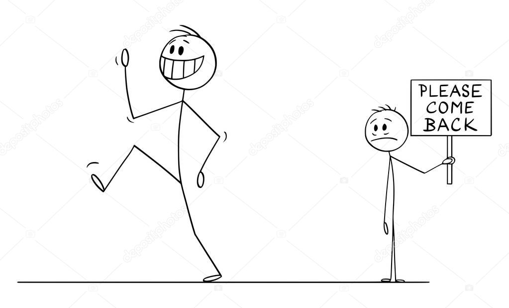Vector Cartoon Illustration of Happy Smiling Man, Customer or Employee Leaving Sad Man or Businessman With Please Come Back Sign in Background