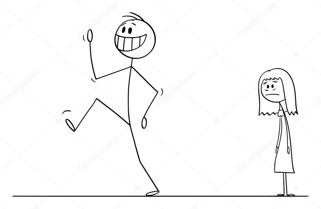 Vector Cartoon Illustration of Happy Smiling Man Leaving Sad Woman in Background