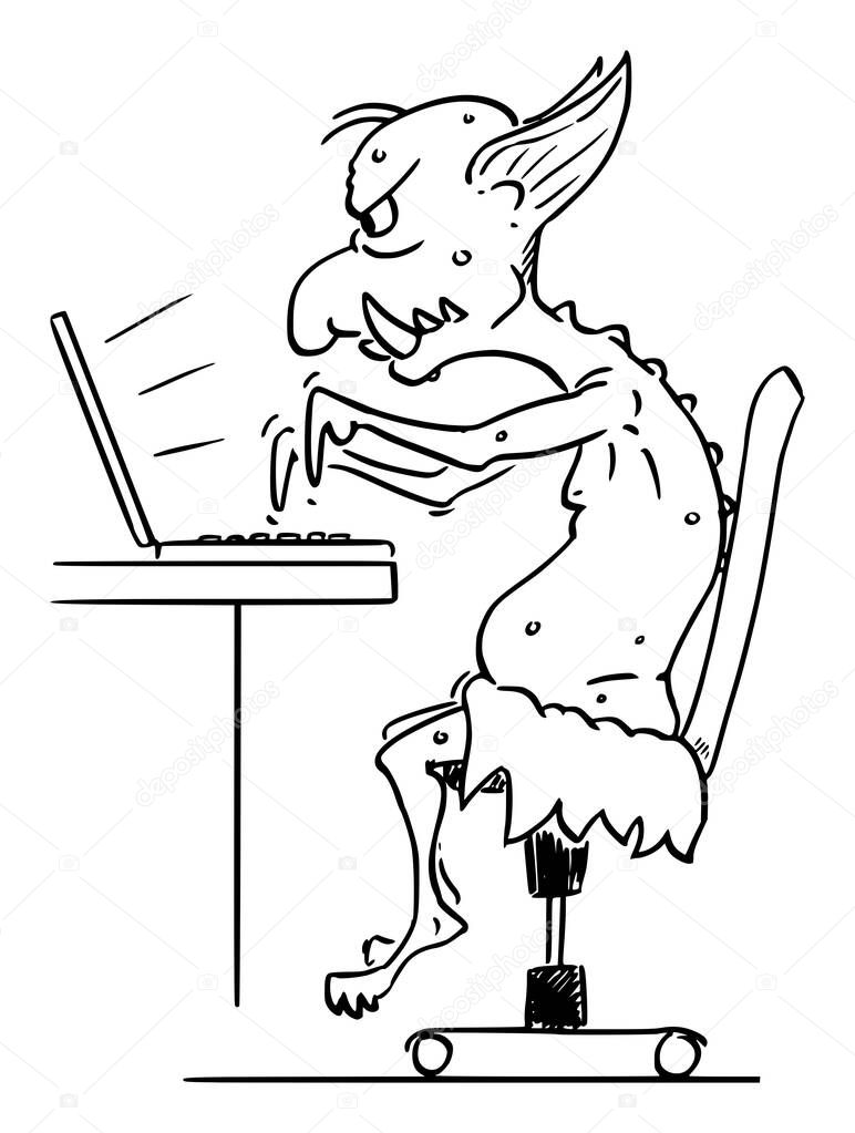 Vector Cartoon Illustration of Internet Troll, Virtual Hater Assaulting Other Users in Flame Wars Typing on Computer